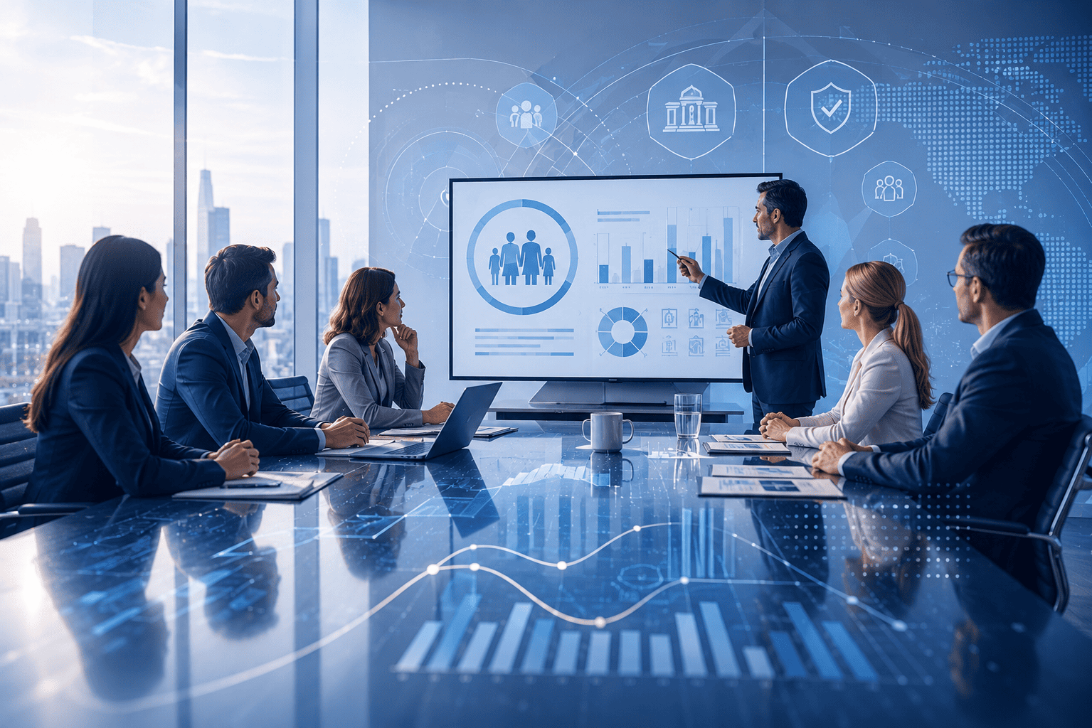 Diverse corporate team analyzing retirement structure planning